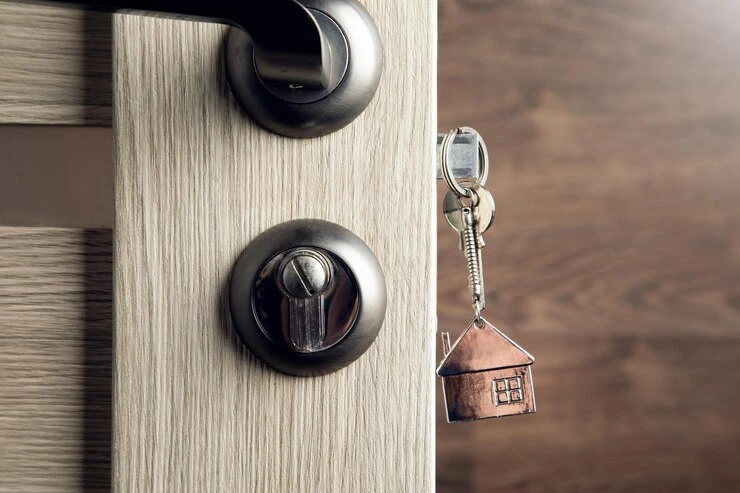 Husnøkkel på en husformet nøkkelring i sølv i låsen på en dør