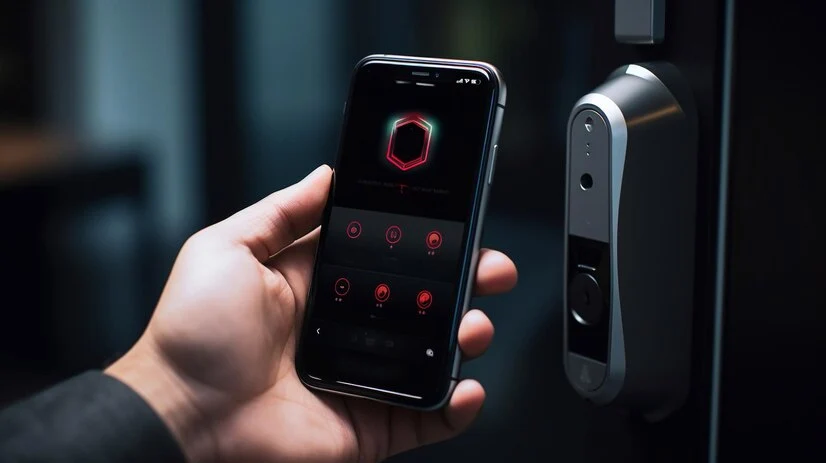 Smarttelefonen brukes til å åpne sikkerhetsdøren og åpne døren til hjemmet